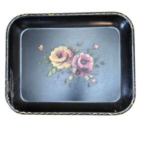VTG‎ Floral Painted Toleware Tray Black Gold Accent Decorative Roses